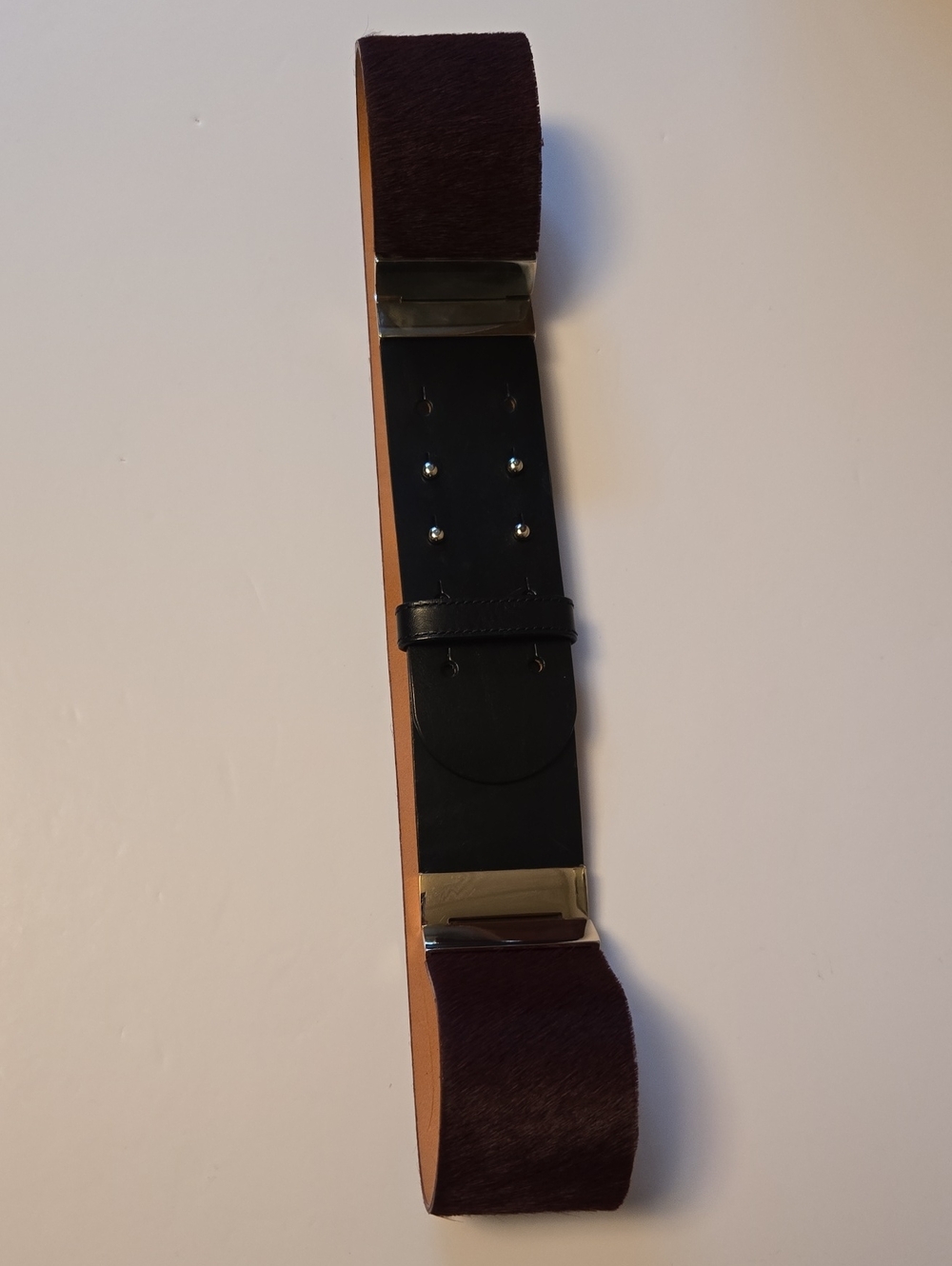 Wide Womens Belt in  Black Leather And Burgandy Pony Hair